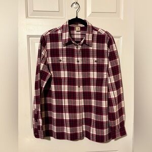 Duluth Trading Women's Button Down Cotton Flannel Top Raspberry White Plaid Sz L